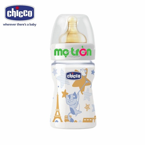 Bình sữa Wellbeing Chicco 150ml cổ rộng họa tiết mèo xanh đáng yêu