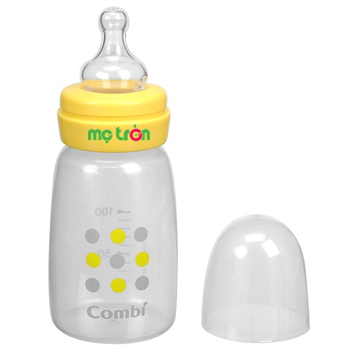 Bình sữa nhựa PP trong Combi 100ml màu vàng - đồng hành cùng mẹ chăm sóc bé yêu