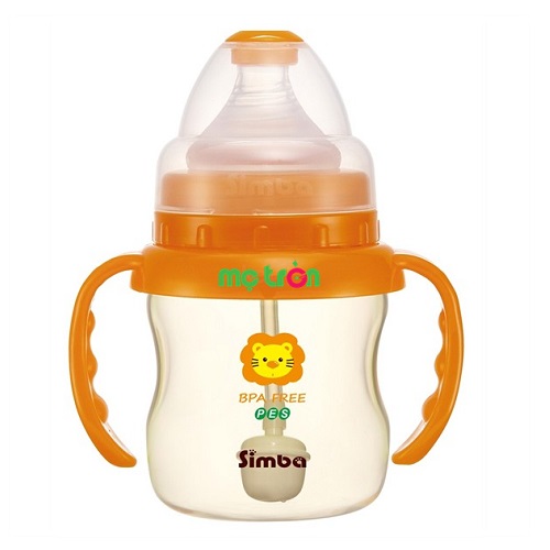 Bình sữa Simba hồ lô cổ rộng nhựa PES 150ml S6887 với tay cầm tự động tiện lợi màu cam
