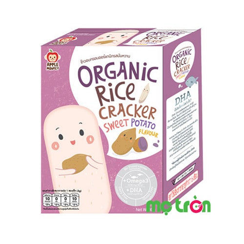 Hộp sản phẩm bánh gạo organic Apple Monkey vị khoai lang bổ sung Omega 3 & DHA 