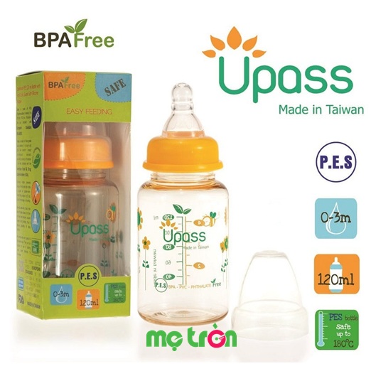 Bình sữa Upass 120ml cổ cam không BPA UP02401CC an toàn cho sức khỏe của bé được làm từ chất liệu nhựa PES cao cấp hoàn toàn không chứa BPA gây hại. Bên cạnh đó, núm ty chống sặc giảm rò rỉ và tắc sữa khi cho bé ăn, do đó việc bú của bé giờ đây thật dễ dàng và cơ chế hoạt động ngăn không cho sữa trào ra ngoài khi bé bú vô cùng tiện lợi.