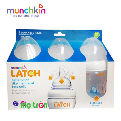 Bộ 3 bình sữa Munchkin Latch (4oz) chất liệu nhựa an toàn BPA Free